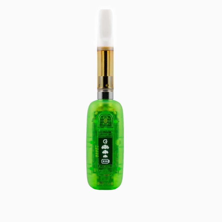 Neon green G Pen 510 Original held in hand to show its compact pocket-sized scale