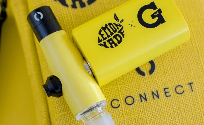 Close-up of the Lemonnade x G Pen Connect and hemp travel case