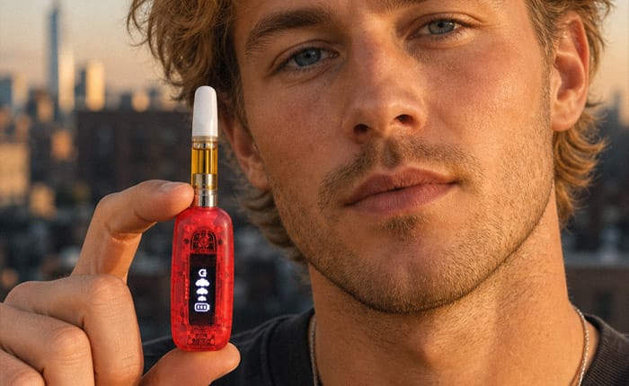 Close-up of the Red Translucent G Pen 510 Original held by the face