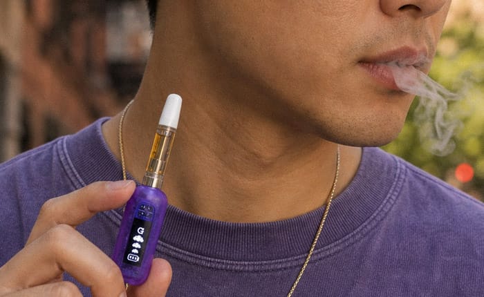 Close-up of the Purple Translucent G Pen 510 Original held by the face