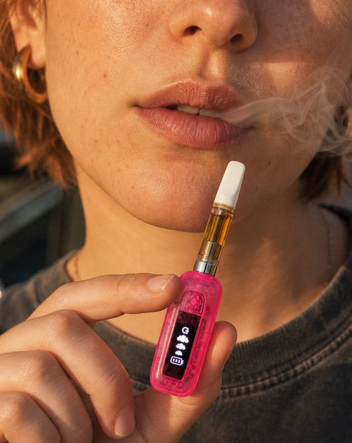Close-up of the Pink Translucent G Pen 510 Original held in front of the face